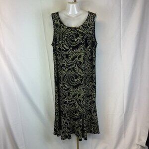 JULIAN TAYLOR Sz 16 A-Line Dress Black White Green Leaf Sleeveless Stretch